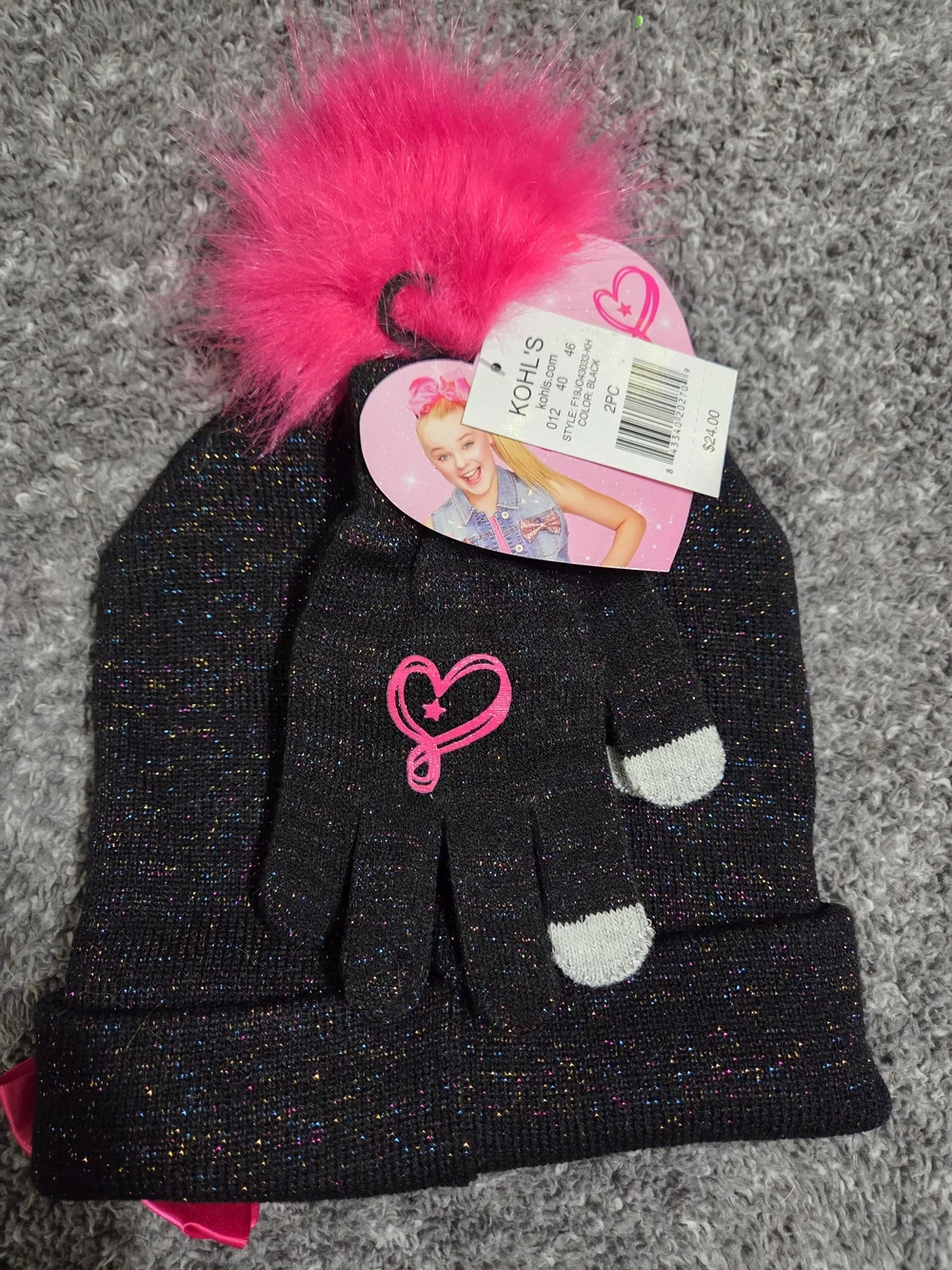 JoJo Siwa Black Knit Beanie with Hot Pink Pom Matching Gloves